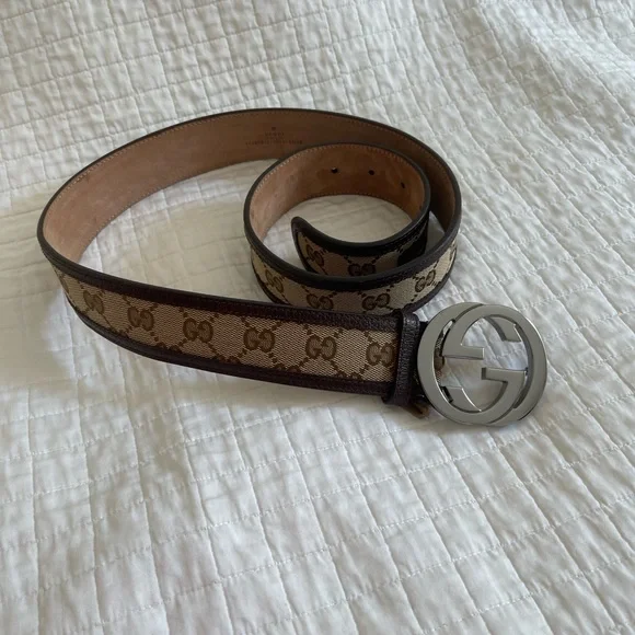 ❌SOLD❌💯Authentic Gucci Canvas Leather Silver Interlocking Buckle belt size 38 - Picture 14 of 15